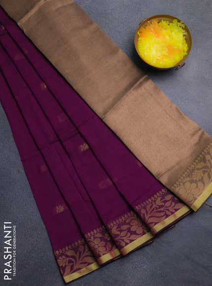 Bengal cotton saree purple with thread woven buttas and thread & zari woven border