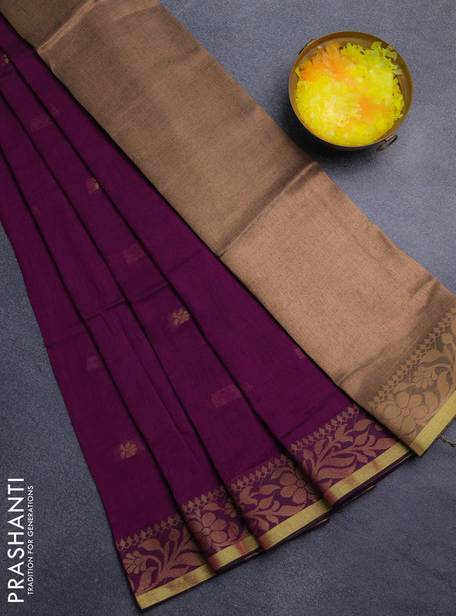Bengal cotton saree purple with thread woven buttas and thread & zari woven border