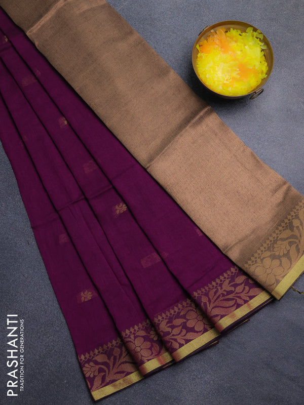 Bengal cotton saree purple with thread woven buttas and thread & zari woven border