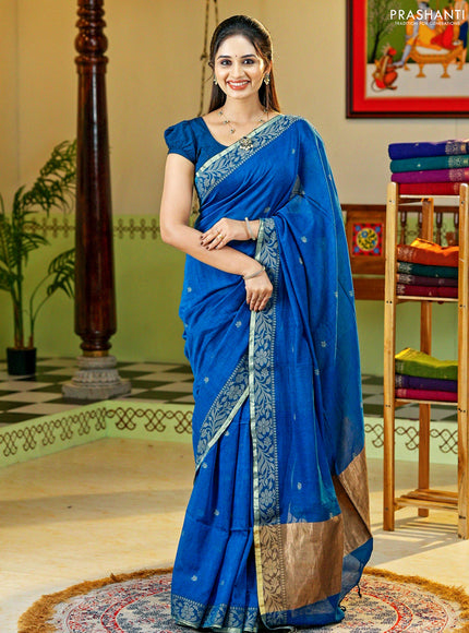 Bengal cotton saree cs blue with thread woven buttas and thread & zari woven border
