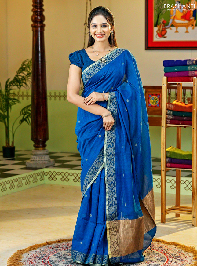 Bengal cotton saree cs blue with thread woven buttas and thread & zari woven border