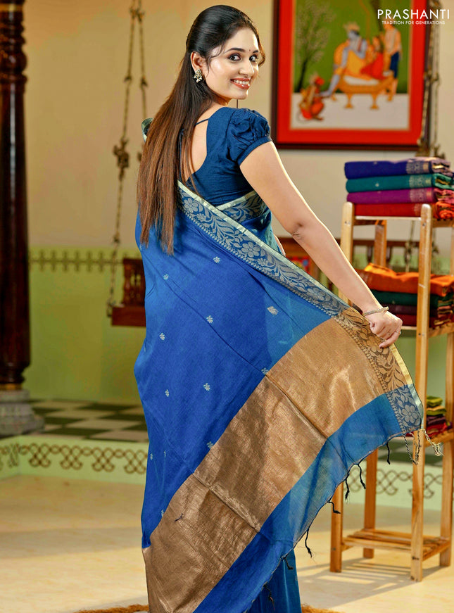 Bengal cotton saree cs blue with thread woven buttas and thread & zari woven border