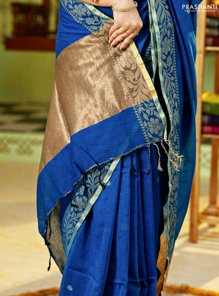 Bengal cotton saree cs blue with thread woven buttas and thread & zari woven border