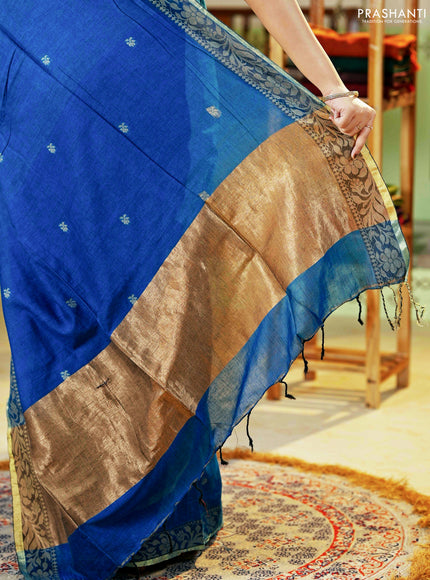 Bengal cotton saree cs blue with thread woven buttas and thread & zari woven border