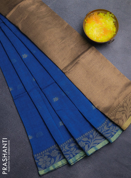 Bengal cotton saree cs blue with thread woven buttas and thread & zari woven border
