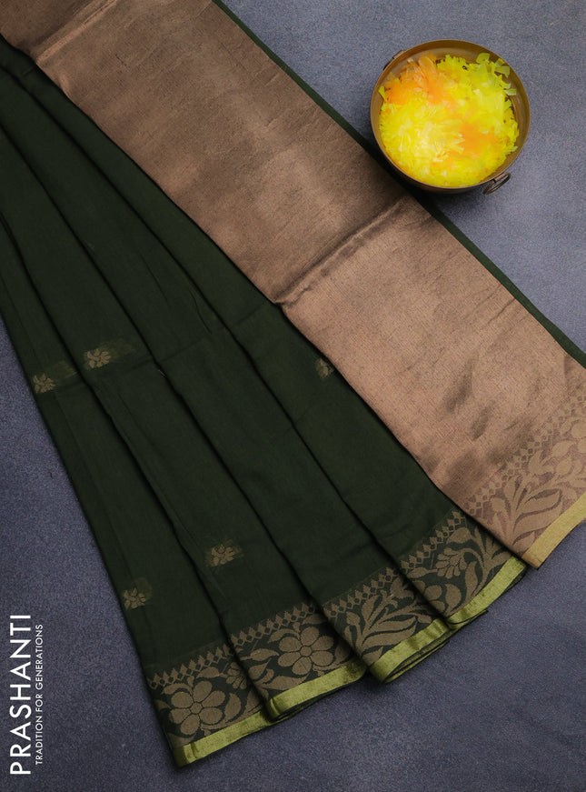 Bengal cotton saree sap green with thread woven buttas and thread & zari woven border