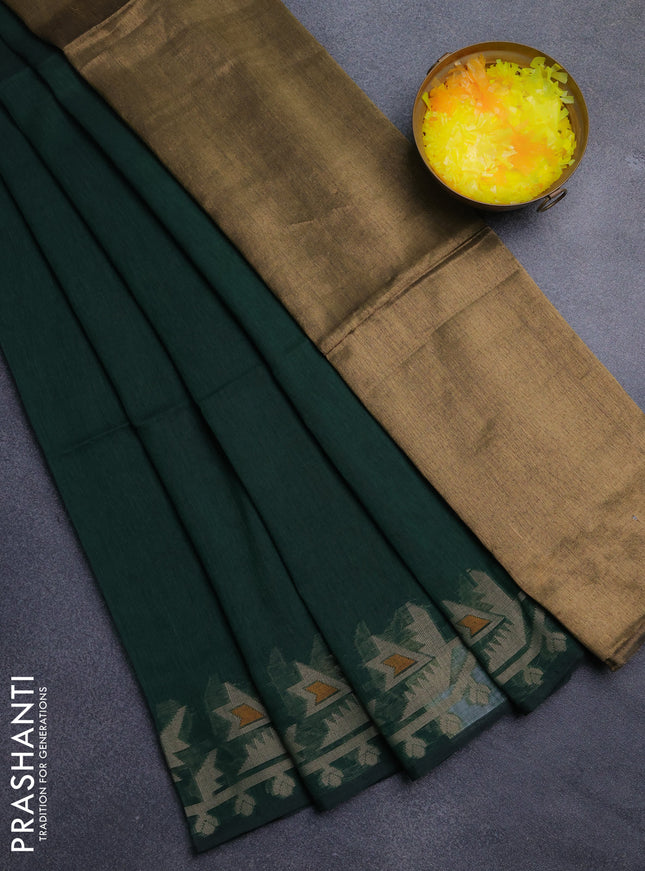 Bengal cotton saree dark green with thread woven buttas and thread woven border