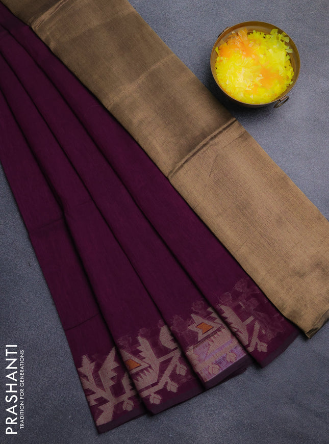 Bengal cotton saree wine shade with thread woven buttas and thread woven border