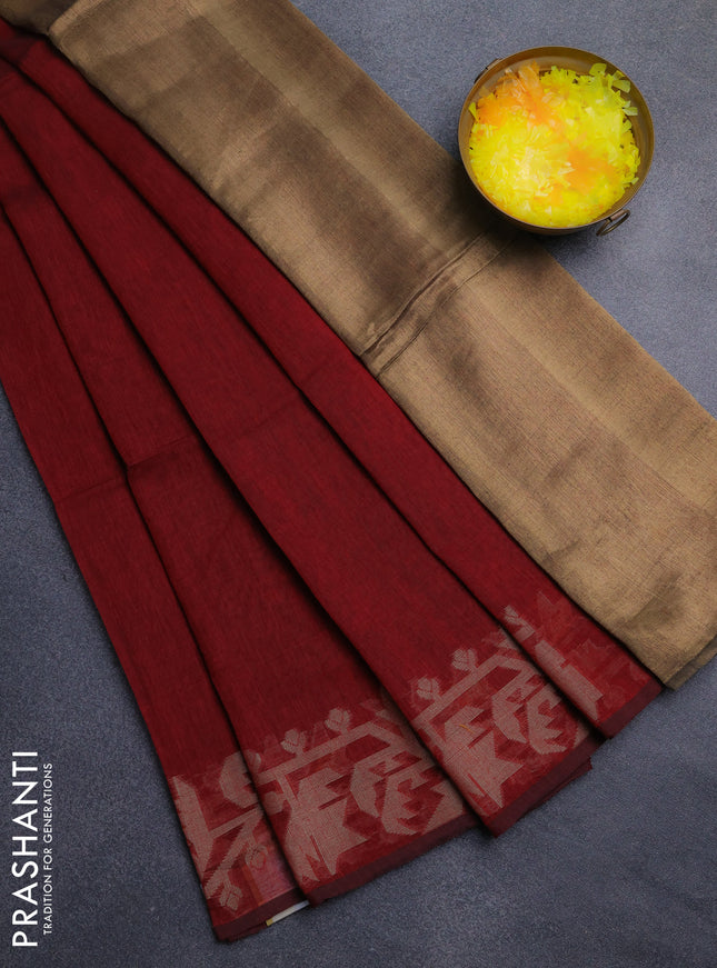 Bengal cotton saree maroon with thread woven buttas and thread woven border
