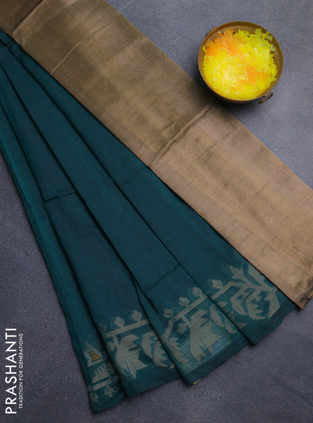 Bengal cotton saree peacock green with thread woven buttas and thread woven border