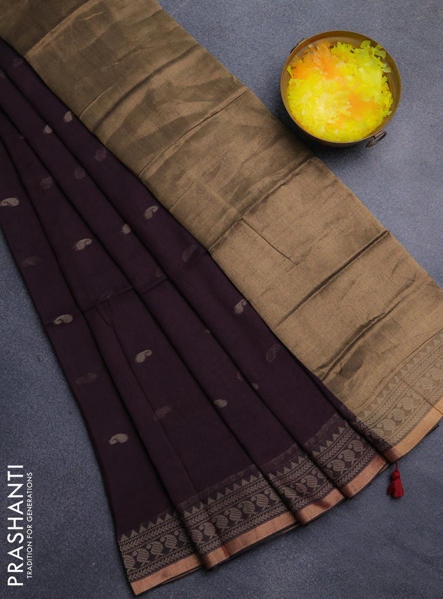 Bengal cotton saree coffee brown with thread woven buttas and thread & zari woven border
