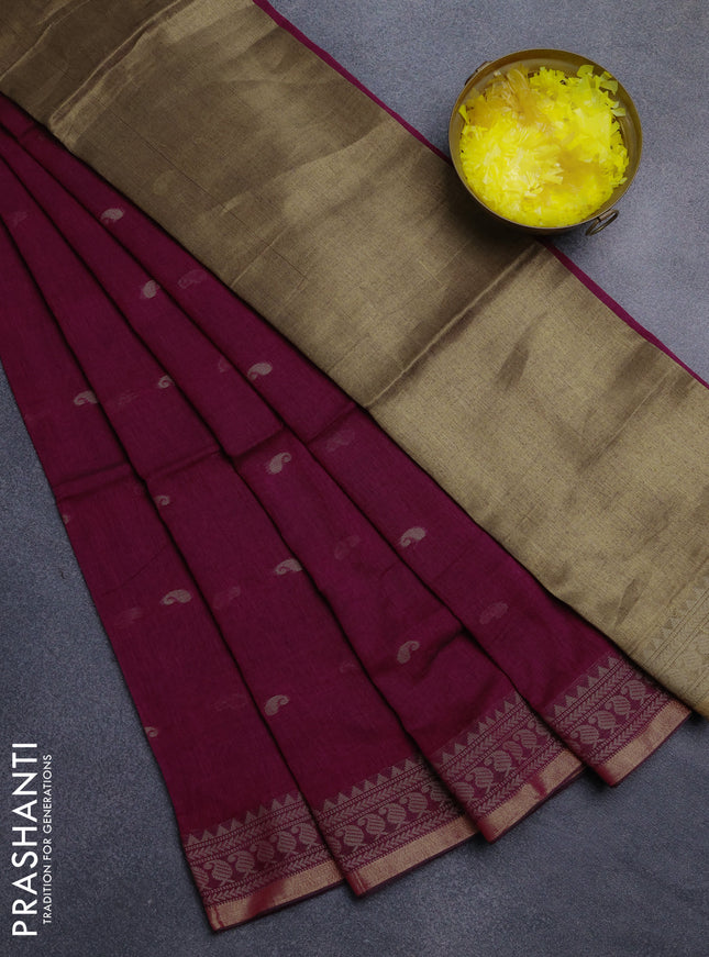 Bengal cotton saree magenta pink with thread woven buttas and thread & zari woven border