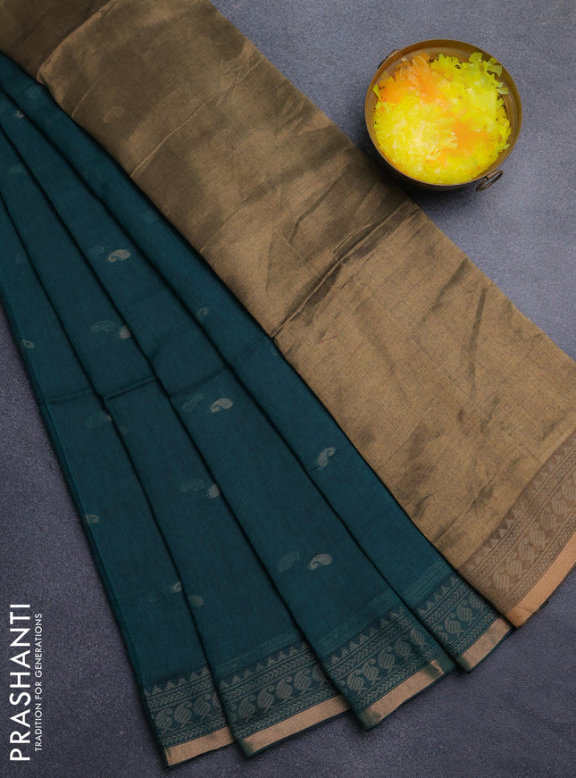 Bengal cotton saree teal green with thread woven buttas and thread & zari woven border