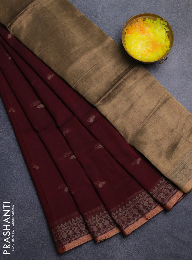 Bengal cotton saree deep maroon with thread woven buttas and thread & zari woven border