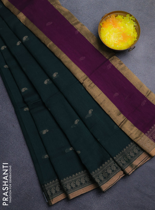 Bengal cotton saree bottle green with thread woven buttas and thread & zari woven border