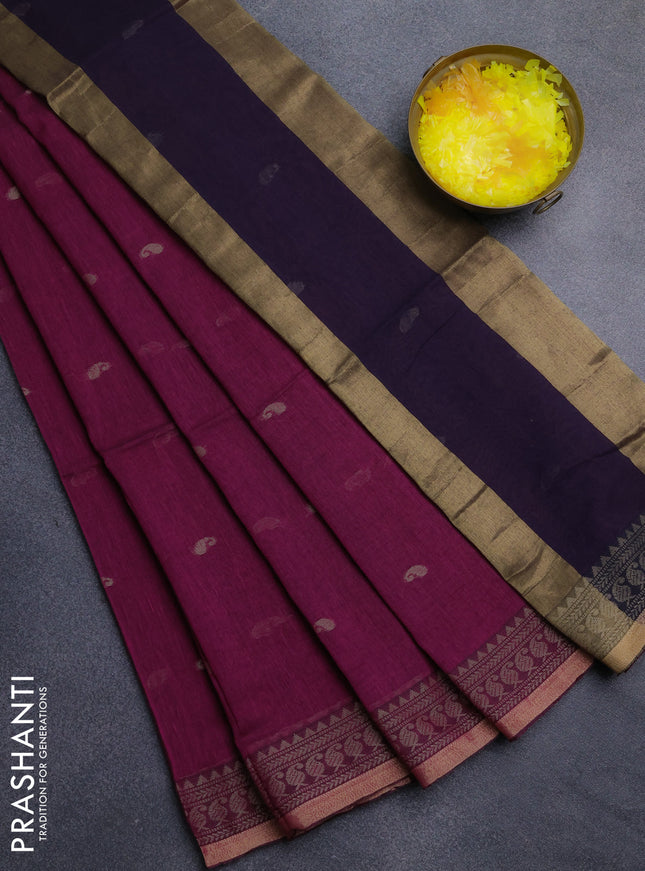 Bengal cotton saree magenta pink with thread woven buttas and thread & zari woven border