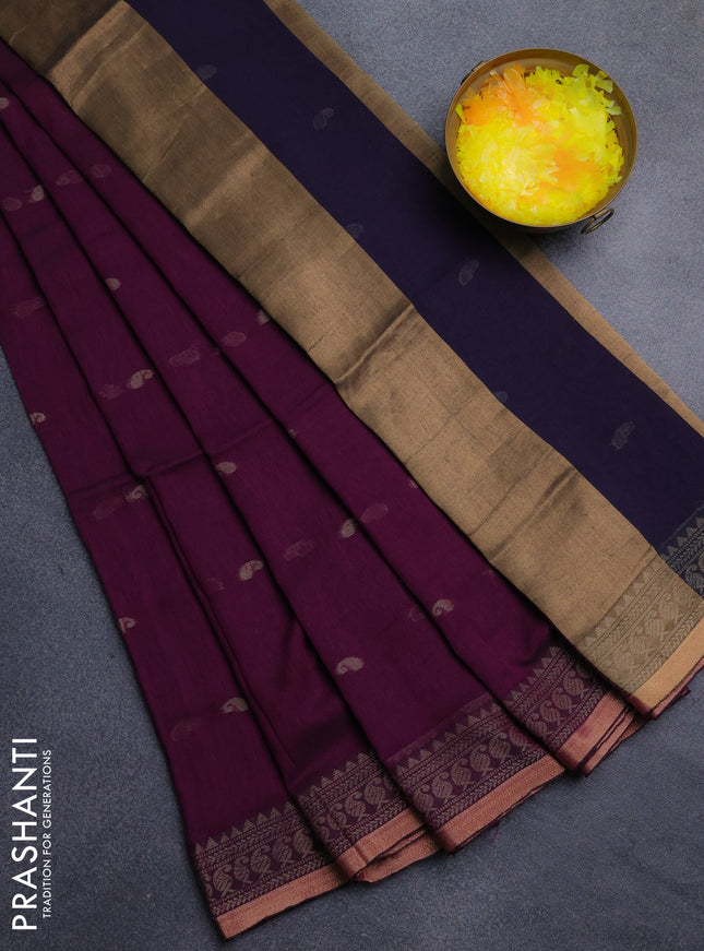 Bengal cotton saree purple with thread woven buttas and thread & zari woven border