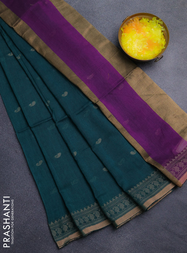 Bengal cotton saree peacock green with thread woven buttas and thread & zari woven border
