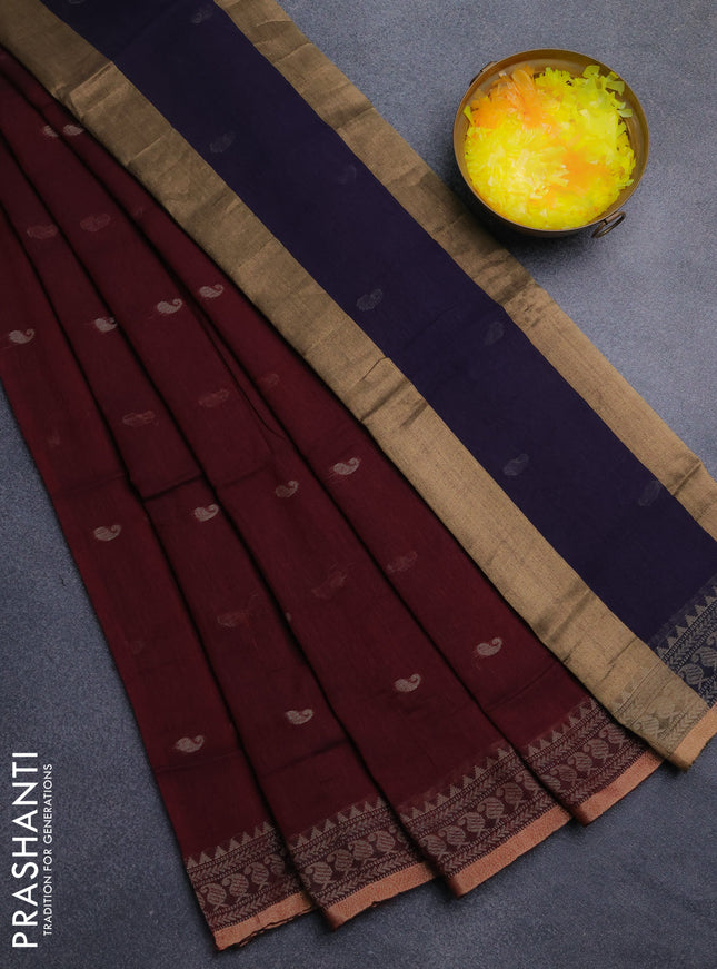 Bengal cotton saree deep wine shade with thread woven buttas and thread & zari woven border