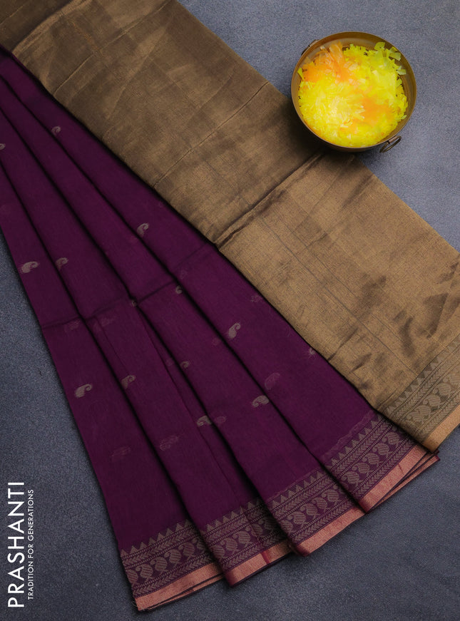 Bengal cotton saree deep purple with thread woven buttas and thread & zari woven border