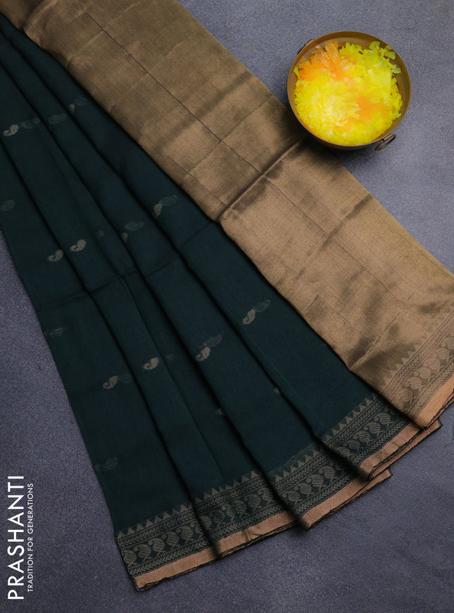 Bengal cotton saree dark green with thread woven buttas and thread & zari woven border