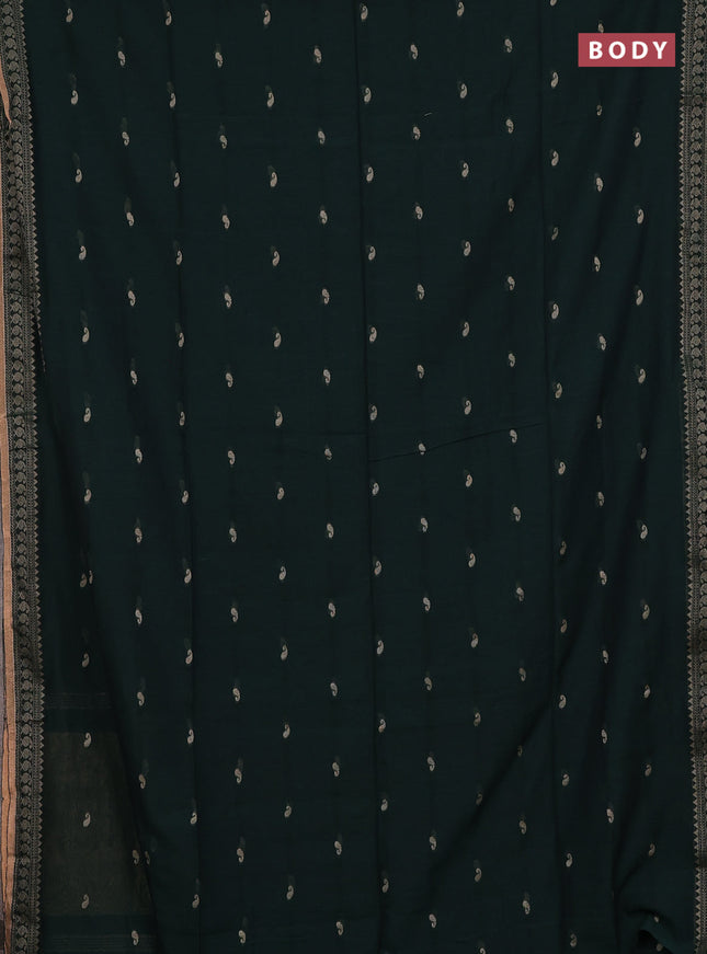 Bengal cotton saree dark green with thread woven buttas and thread & zari woven border