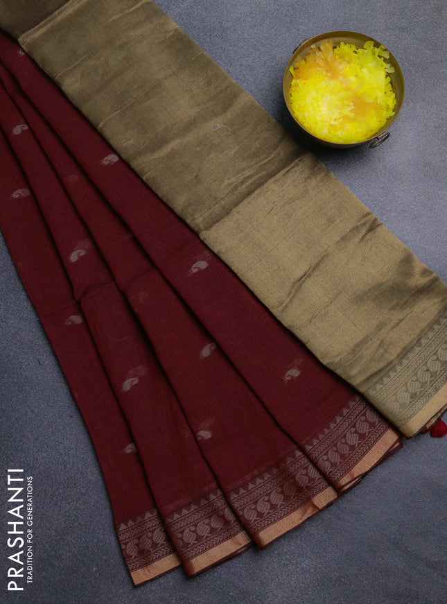 Bengal cotton saree maroon with thread woven buttas and thread & zari woven border