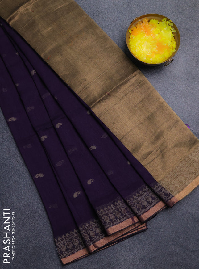 Bengal cotton saree deep violet with thread woven buttas and thread & zari woven border