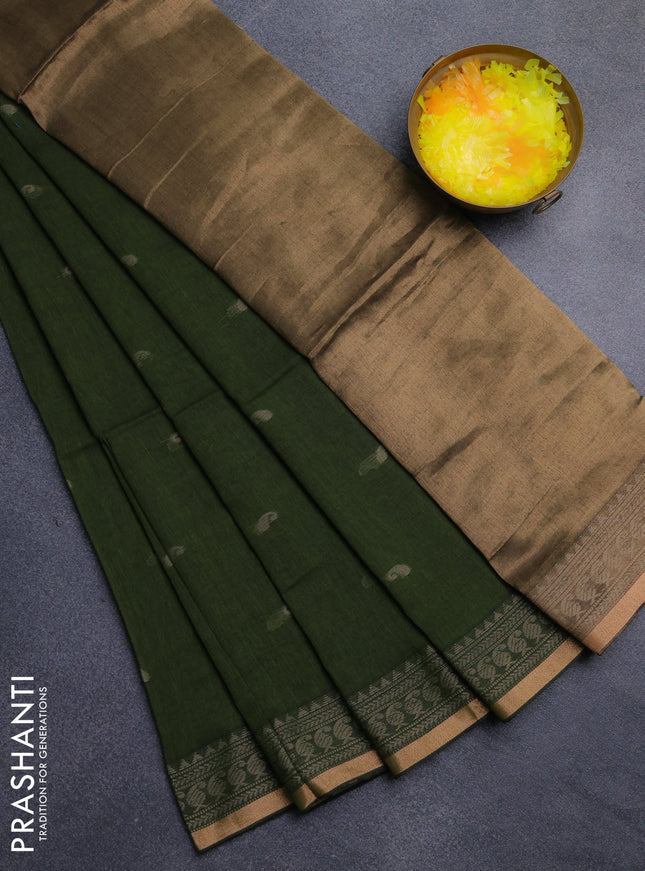 Bengal cotton saree mehendi green with thread woven buttas and thread & zari woven border
