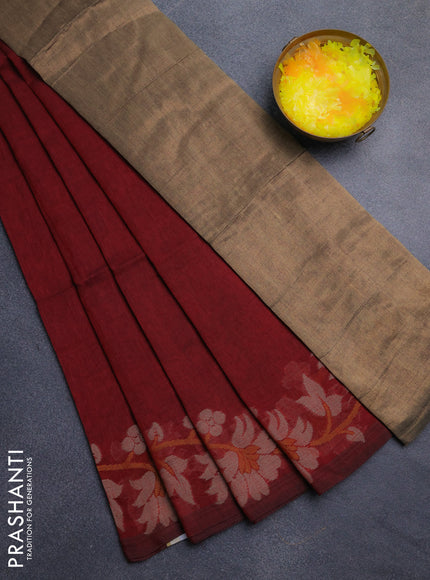 Bengal cotton saree maroon with thread woven buttas and thread woven border