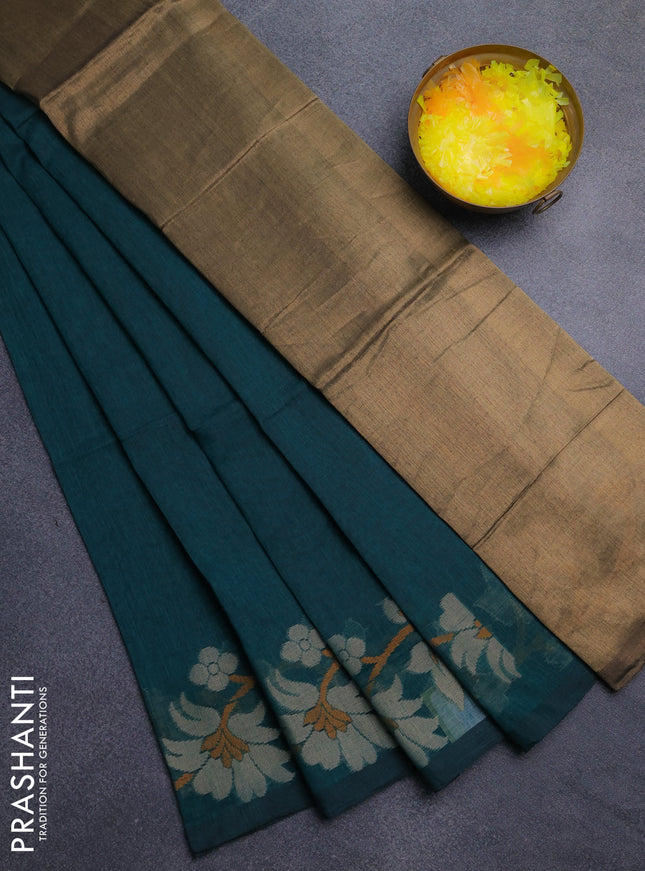 Bengal cotton saree peacock green with thread woven buttas and thread woven border