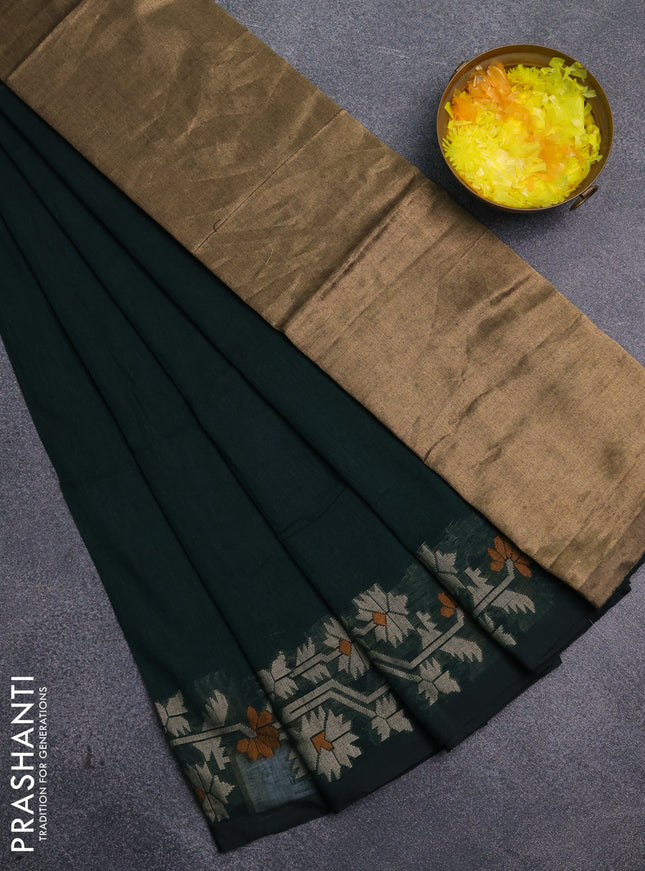 Bengal cotton saree bottle green with plain body and thread woven border