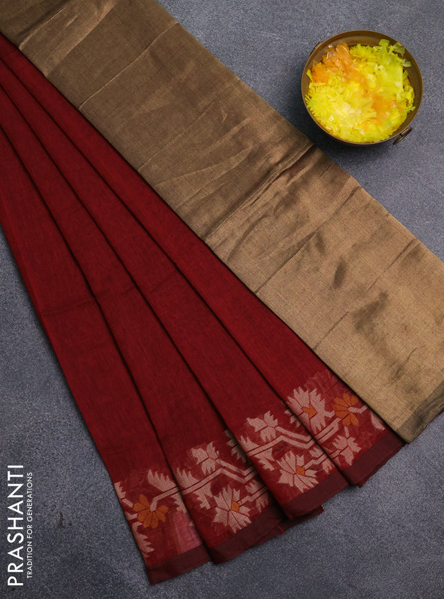 Bengal cotton saree maroon with plain body and thread woven border