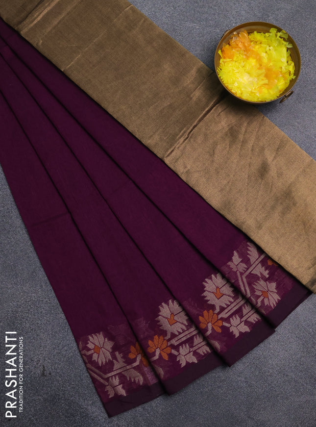 Bengal cotton saree deep purple with plain body and thread woven border