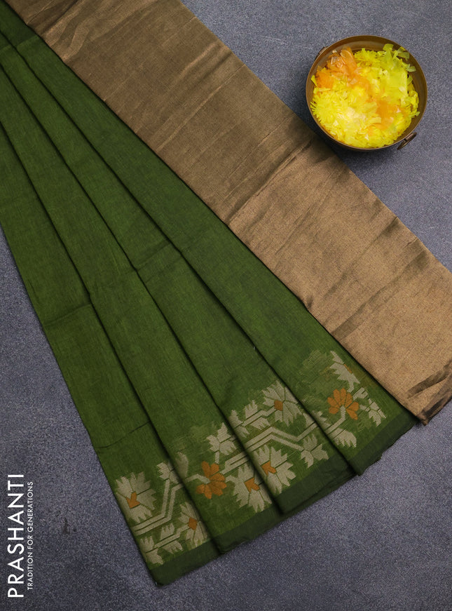 Bengal cotton saree mehendi green with plain body and thread woven border