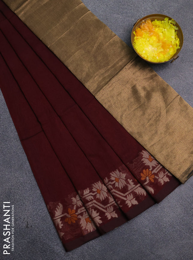 Bengal cotton saree deep maroon with plain body and thread woven border