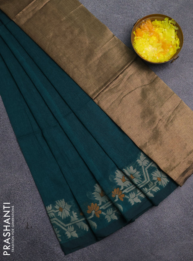 Bengal cotton saree peacock green with plain body and thread woven border