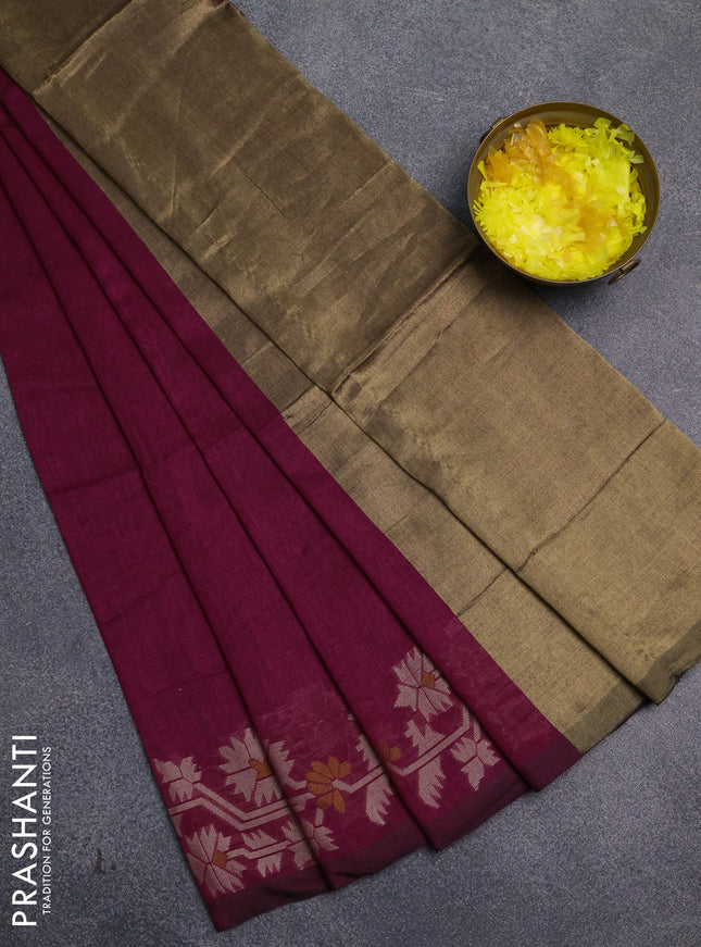 Bengal cotton saree dark magenta pink with plain body and thread woven border