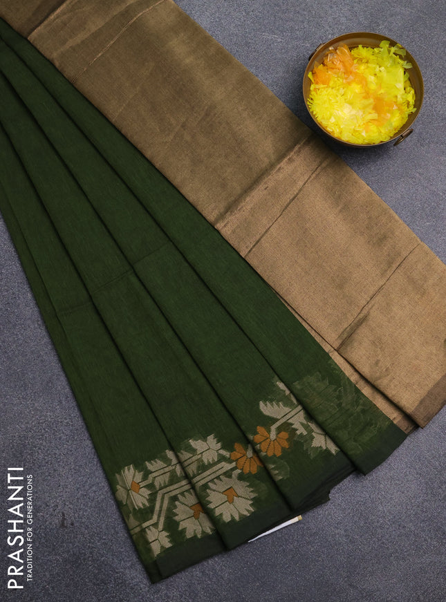Bengal cotton saree sap green with plain body and thread woven border