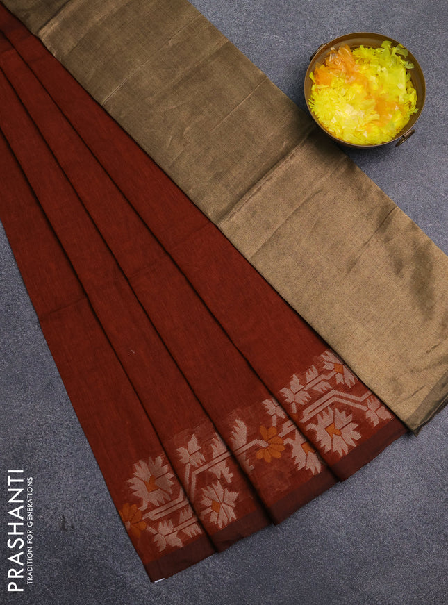 Bengal cotton saree rust shade with plain body and thread woven border