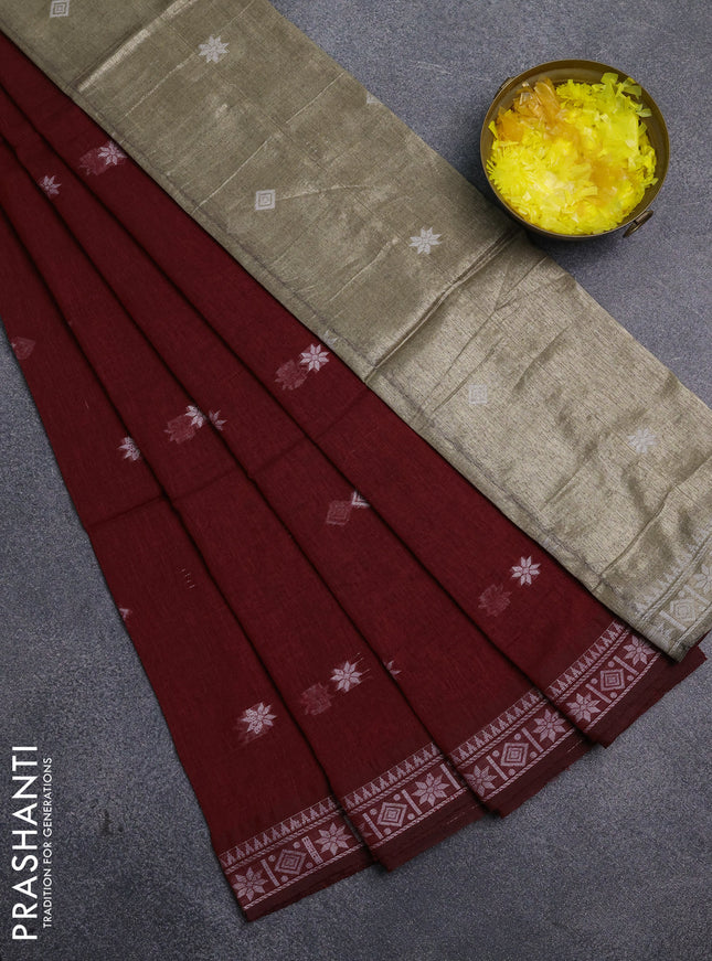 Bengal cotton saree maroon with thread woven buttas and thread woven border
