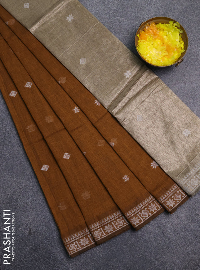 Bengal cotton saree dark mustard with thread woven buttas and thread woven border