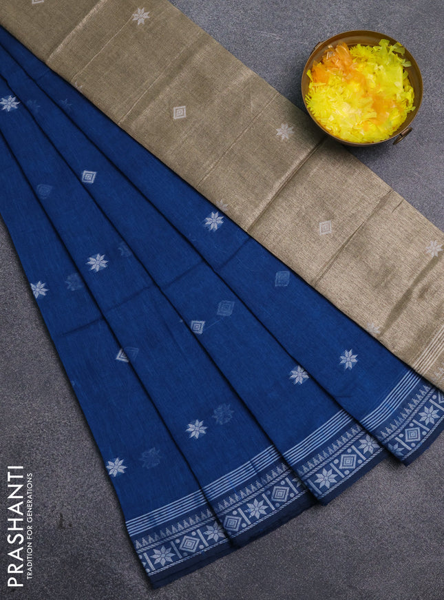 Bengal cotton saree peacock blue with thread woven buttas and thread woven border