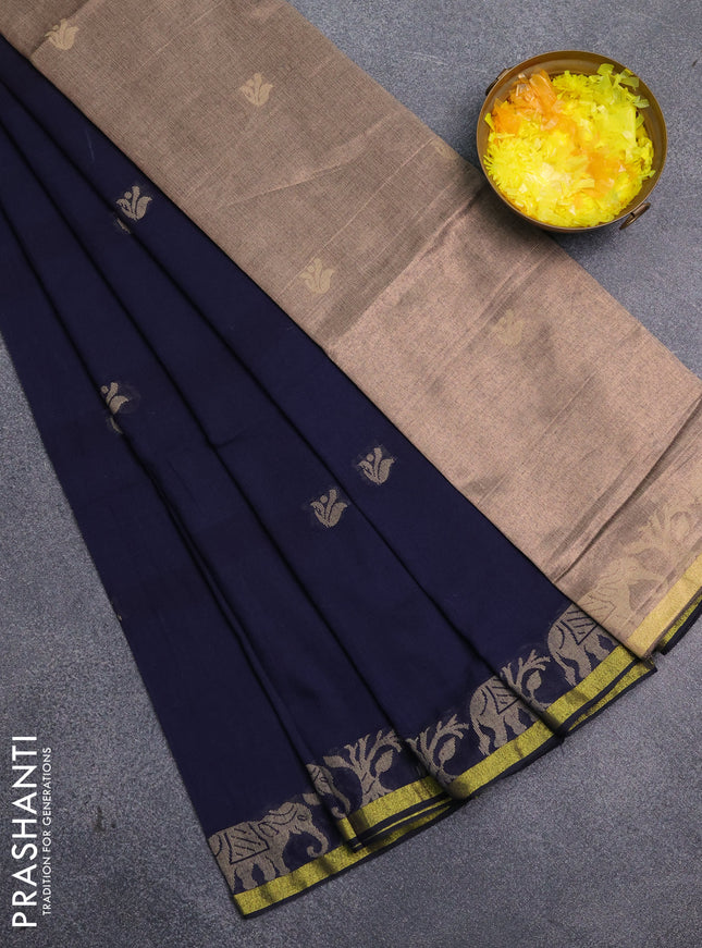 Bengal cotton saree navy blue with thread woven buttas and thread & zari woven border