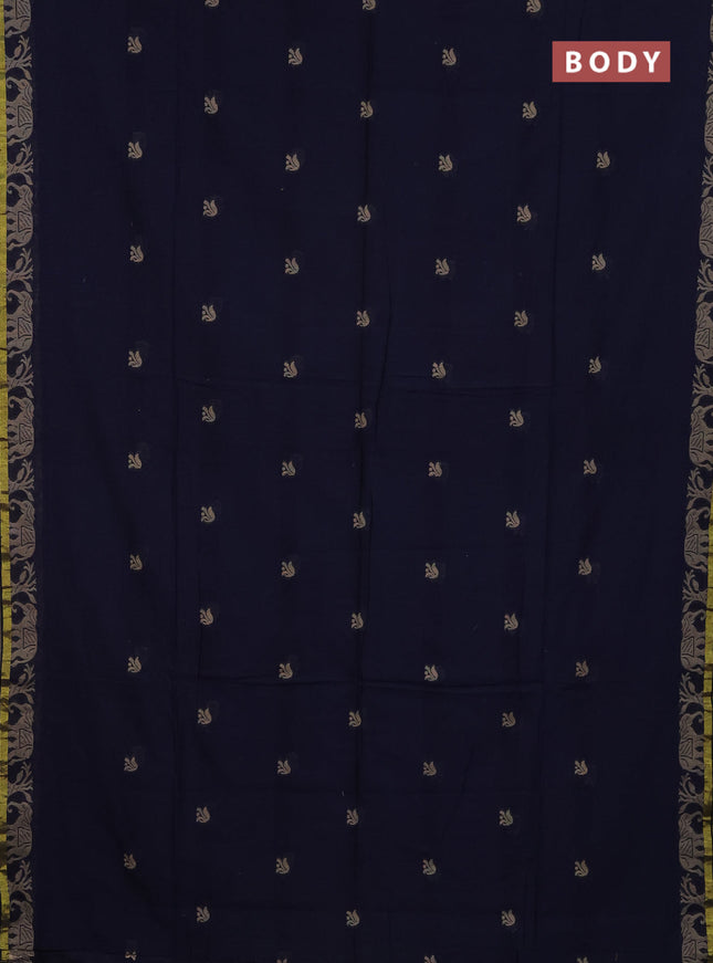 Bengal cotton saree navy blue with thread woven buttas and thread & zari woven border