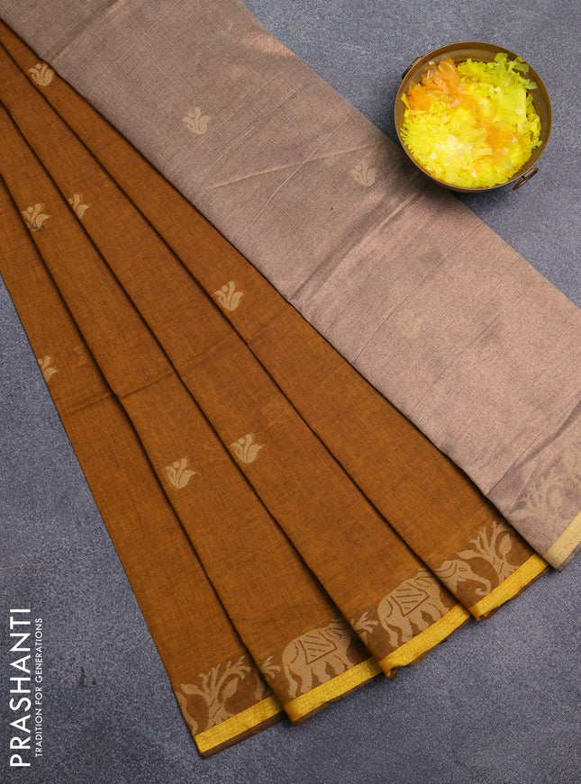 Bengal cotton saree mustard yellow with thread woven buttas and thread & zari woven border