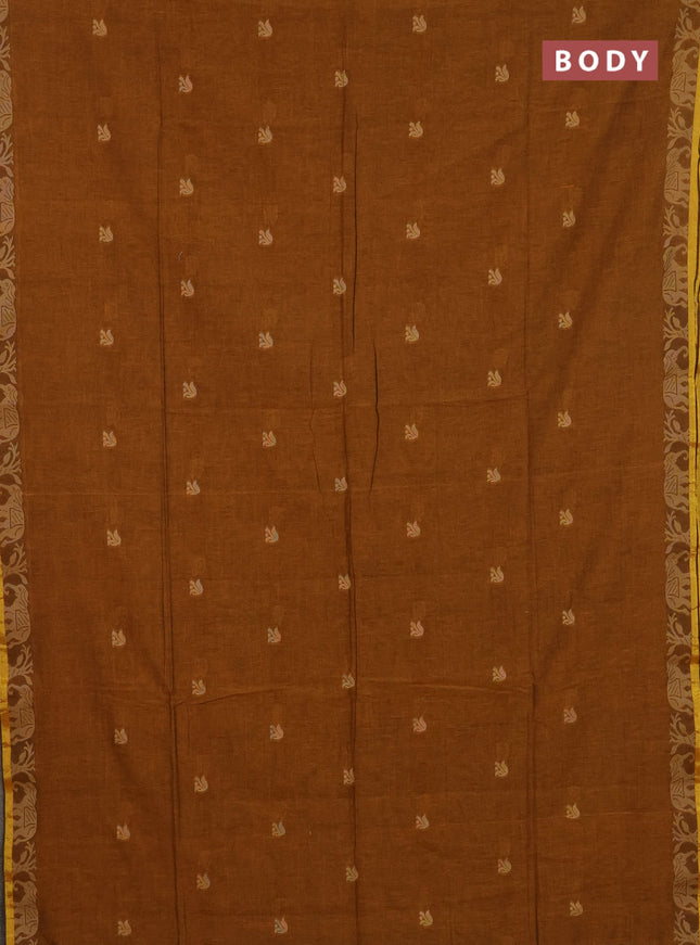 Bengal cotton saree mustard yellow with thread woven buttas and thread & zari woven border