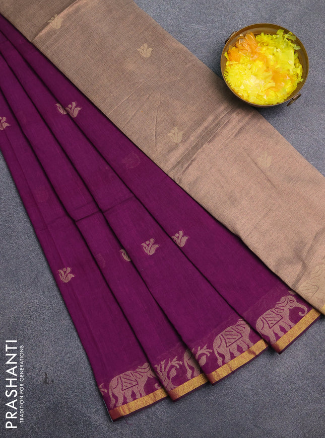Bengal cotton saree deep purple with thread woven buttas and thread & zari woven border