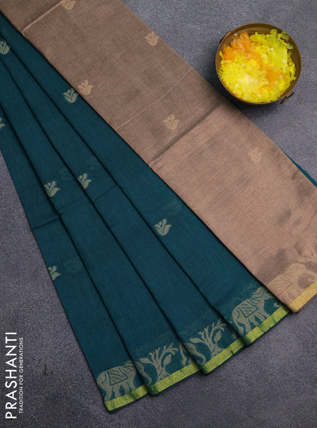 Bengal cotton saree peacock green with thread woven buttas and thread & zari woven border