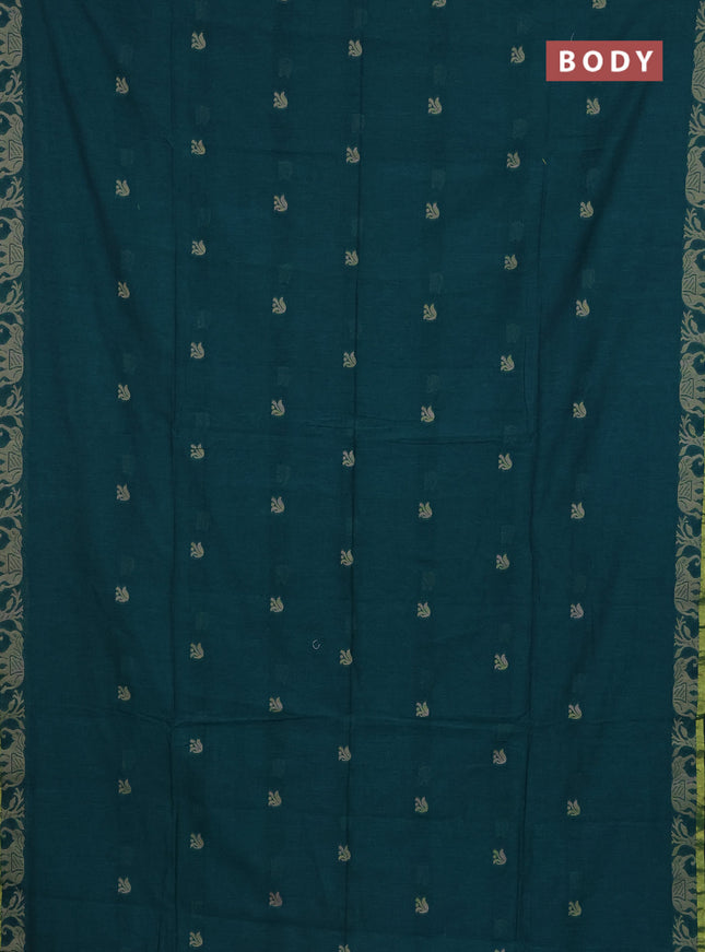 Bengal cotton saree peacock green with thread woven buttas and thread & zari woven border